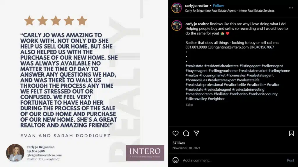 Instagram testimonial graphic for realtor Carly Jo Brigantino featuring a five-star client review praising her support during the home buying and selling process.