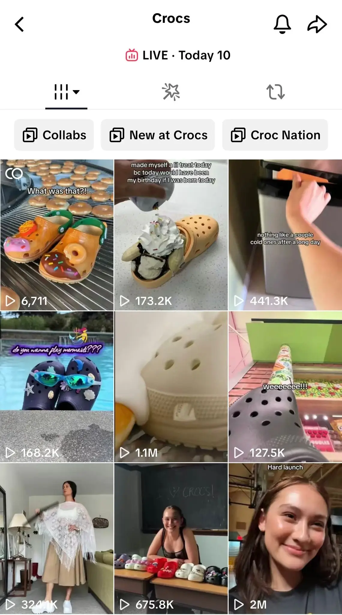 TikTok profile of Crocs featuring their video feed, including quirky and playful short clips showcasing Crocs-themed creations like dessert-inspired designs, product shots, and behind-the-scenes content.
