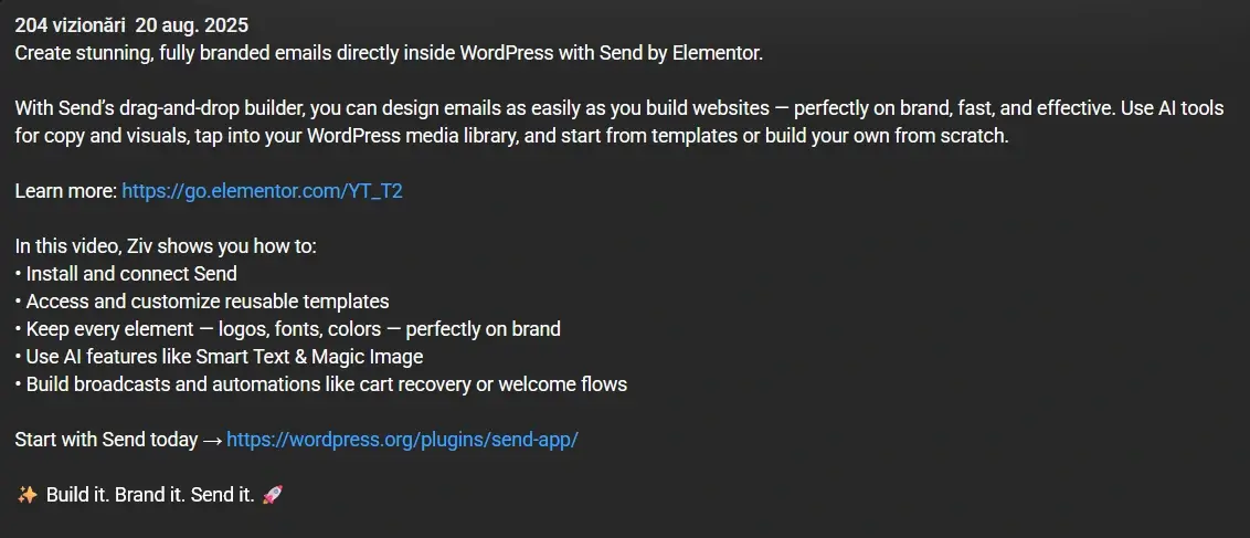 YouTube video description for an Elementor tutorial promoting the Send email builder, listing key features like reusable templates, AI tools, and automation for WordPress emails.
