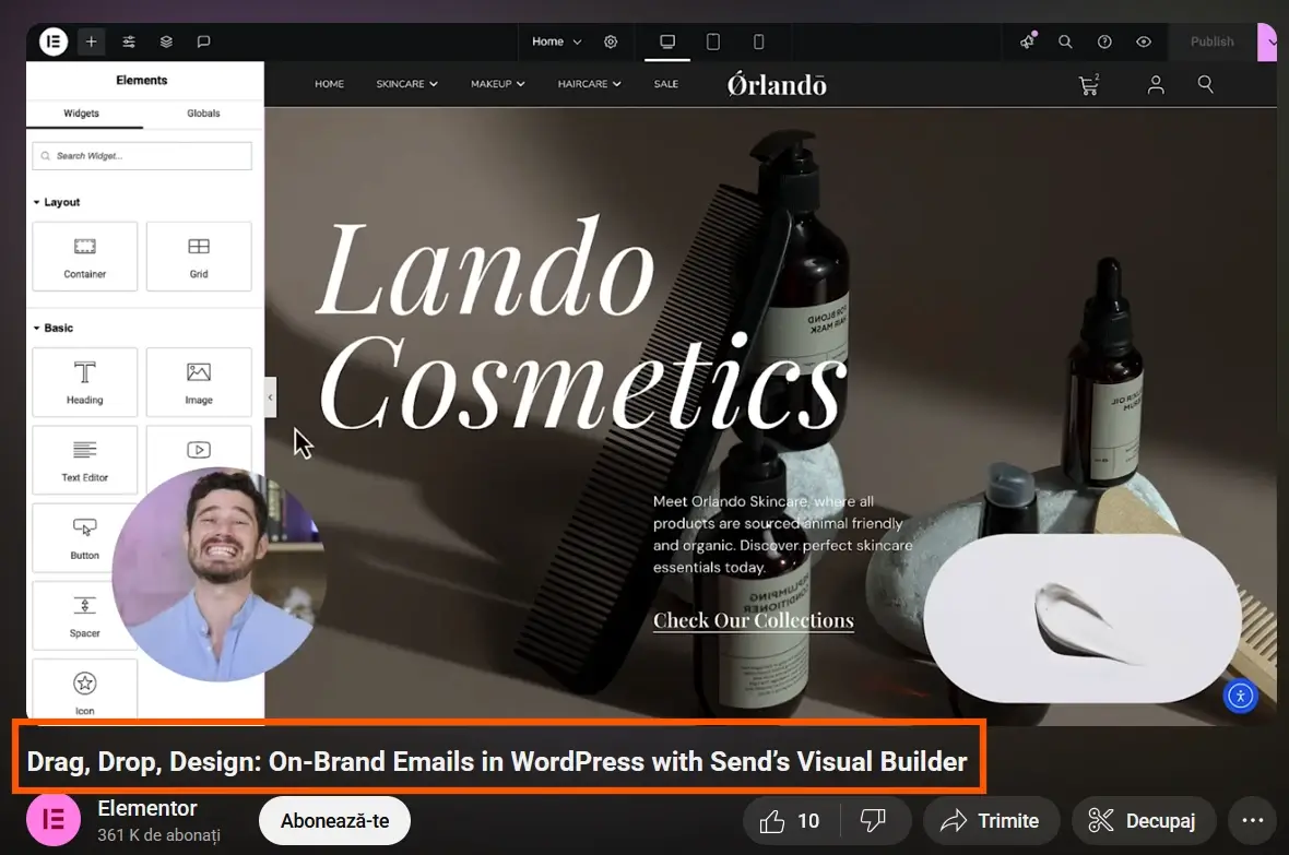 Alt text: YouTube video from Elementor showing a website design interface for a cosmetics brand called “Lando Cosmetics,” with the video title "Drag, Drop, Design: On-Brand Emails in WordPress with Send’s Visual Builder" highlighted at the bottom.