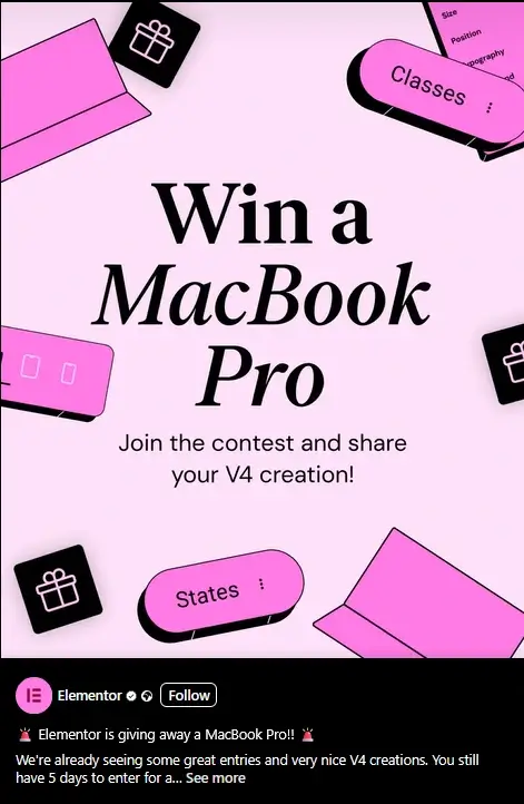 Facebook post of a pink graphic with bold black text announces a contest to win a MacBook Pro by sharing a V4 creation, surrounded by stylized icons like gift boxes and UI elements.