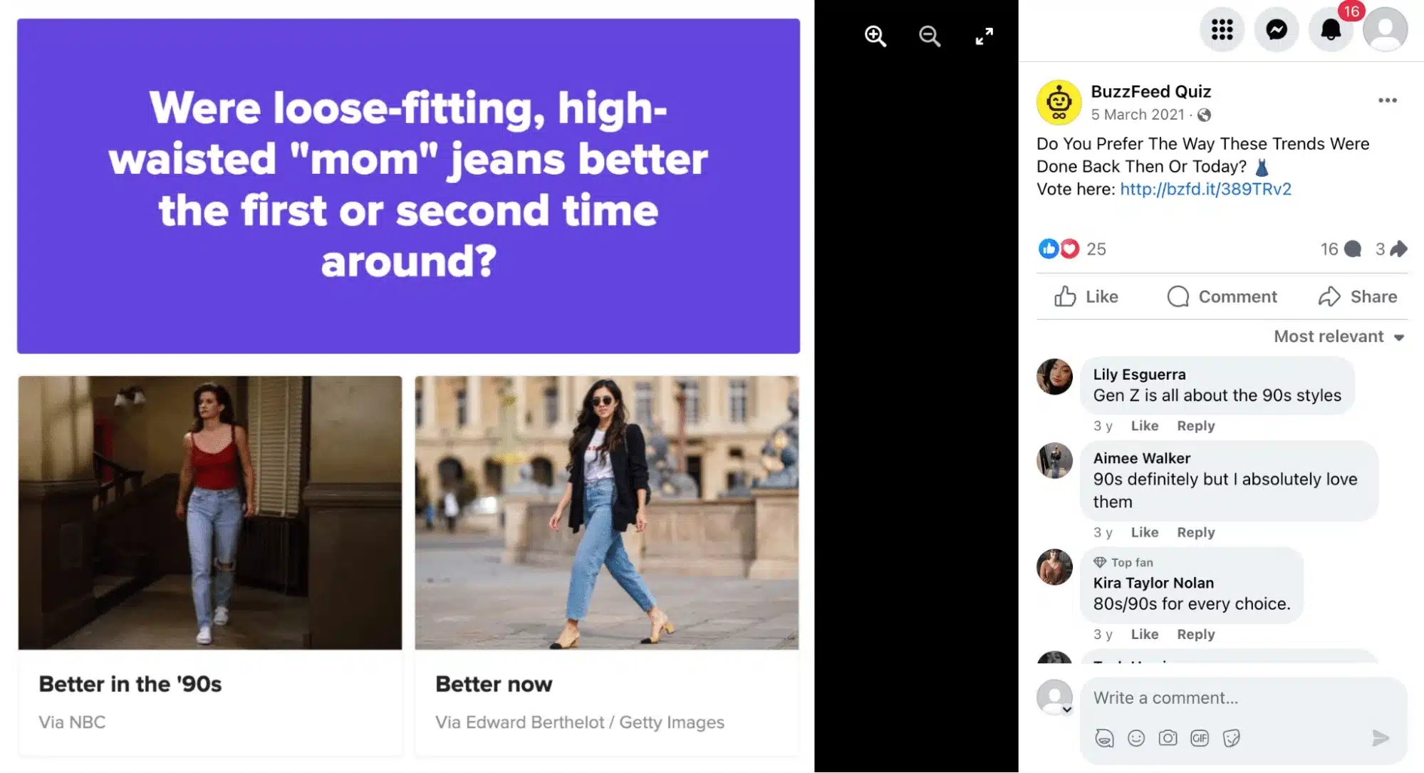 BuzzFeed Quiz Facebook post comparing '90s vs. modern mom jeans with user comments voting for their favorite era.