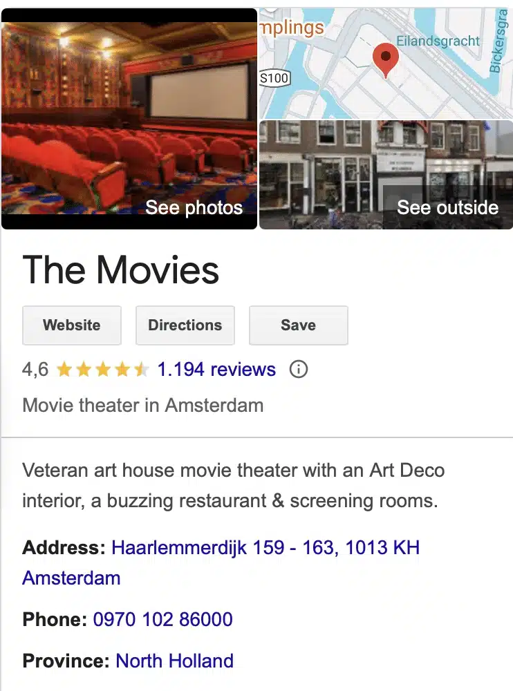 Google Business Profile for The Movies, a vintage-style cinema in Amsterdam, showing the theater's rating, address, phone number, and map preview.