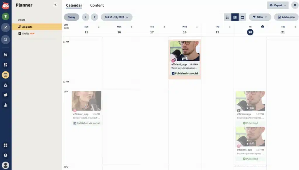 Hootsuite social media planner with weekly calendar view of scheduled Instagram posts.