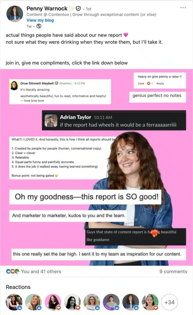 Publicación en LinkedIn de Penny Warnock promocionando un informe con coloridos testimonios de usuarios sobre un fondo rosa. Incluye citas como