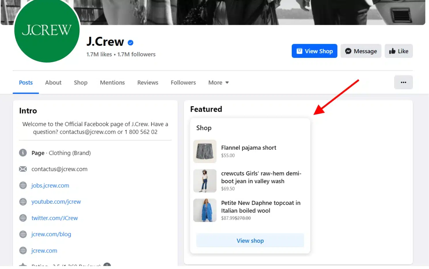 Facebook business page for J.Crew showing the 'Featured' shop section with clickable product listings and a red arrow pointing to the Facebook Shop preview.