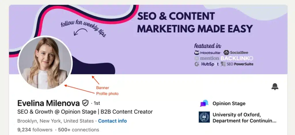 Perfil de LinkedIn de Evelina Milenova con una pancarta morada que dice