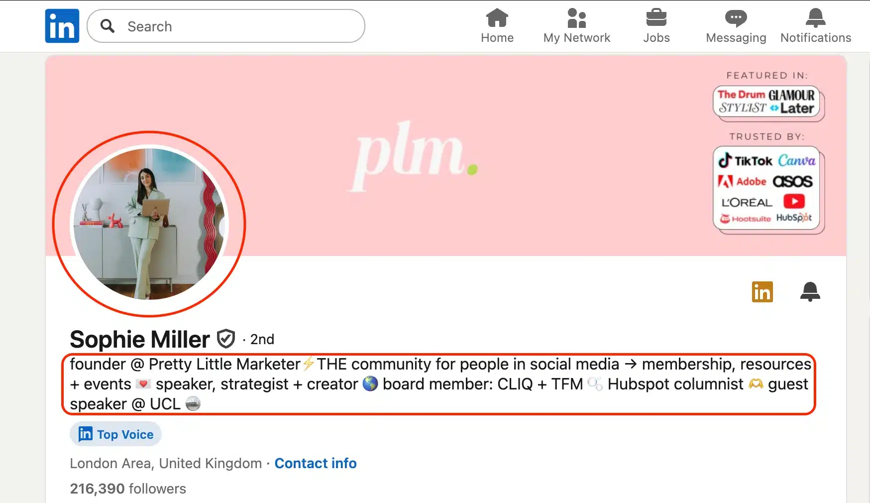 LinkedIn profile of Sophie Miller with pink banner featuring Pretty Little Marketer branding and logos of TikTok, Canva, Adobe, ASOS, L’Oreal, Hootsuite, and HubSpot. Bio highlights her role as founder of Pretty Little Marketer, speaker, strategist, HubSpot columnist, and guest speaker at UCL.