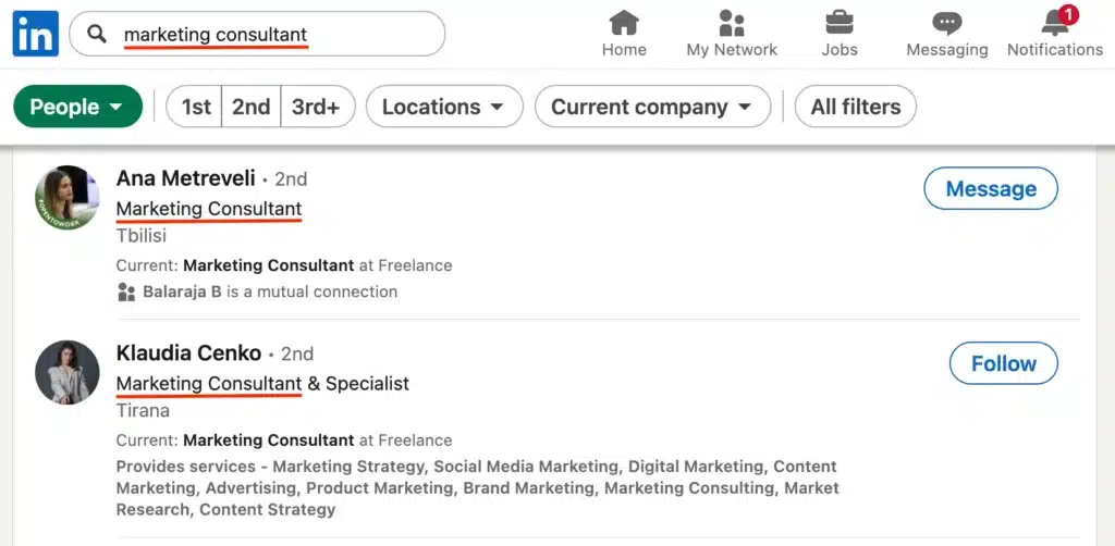 Resultados de la búsqueda en LinkedIn de