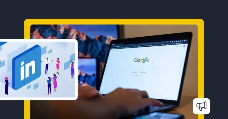 Gráfico dividido que muestra la ilustración del logotipo de LinkedIn con personas en red a la izquierda y una persona utilizando la búsqueda de Google en un ordenador portátil a la derecha