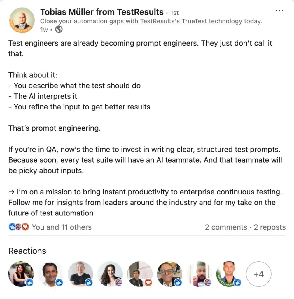 LinkedIn text post by Tobias Müller from TestResults.io discussing how test engineers are becoming prompt engineers by writing structured prompts for AI. Post includes bullet points on describing tests, AI interpreting them, and refining inputs.
