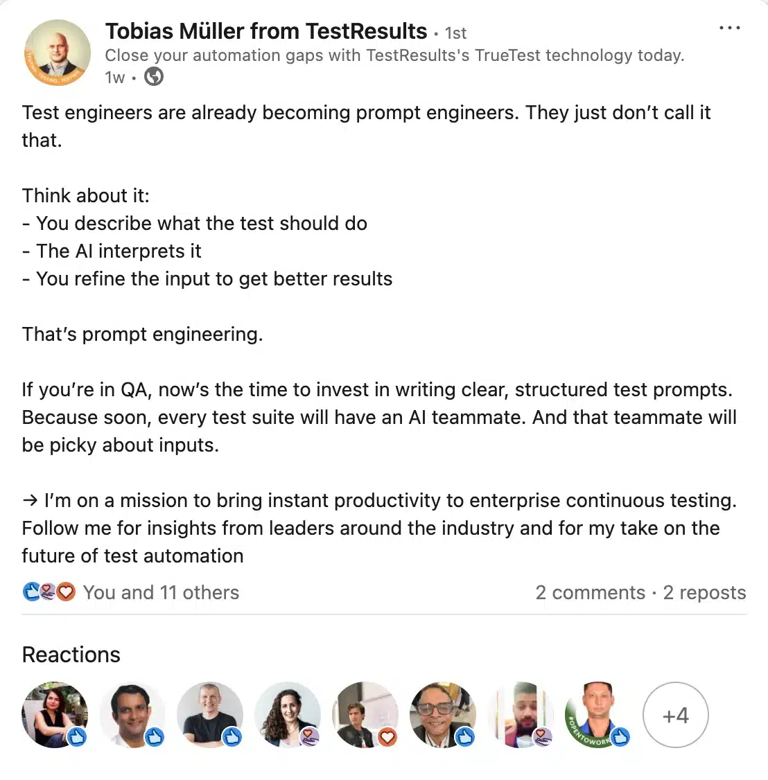 LinkedIn text post by Tobias Müller from TestResults.io discussing how test engineers are becoming prompt engineers by writing structured prompts for AI. Post includes bullet points on describing tests, AI interpreting them, and refining inputs.