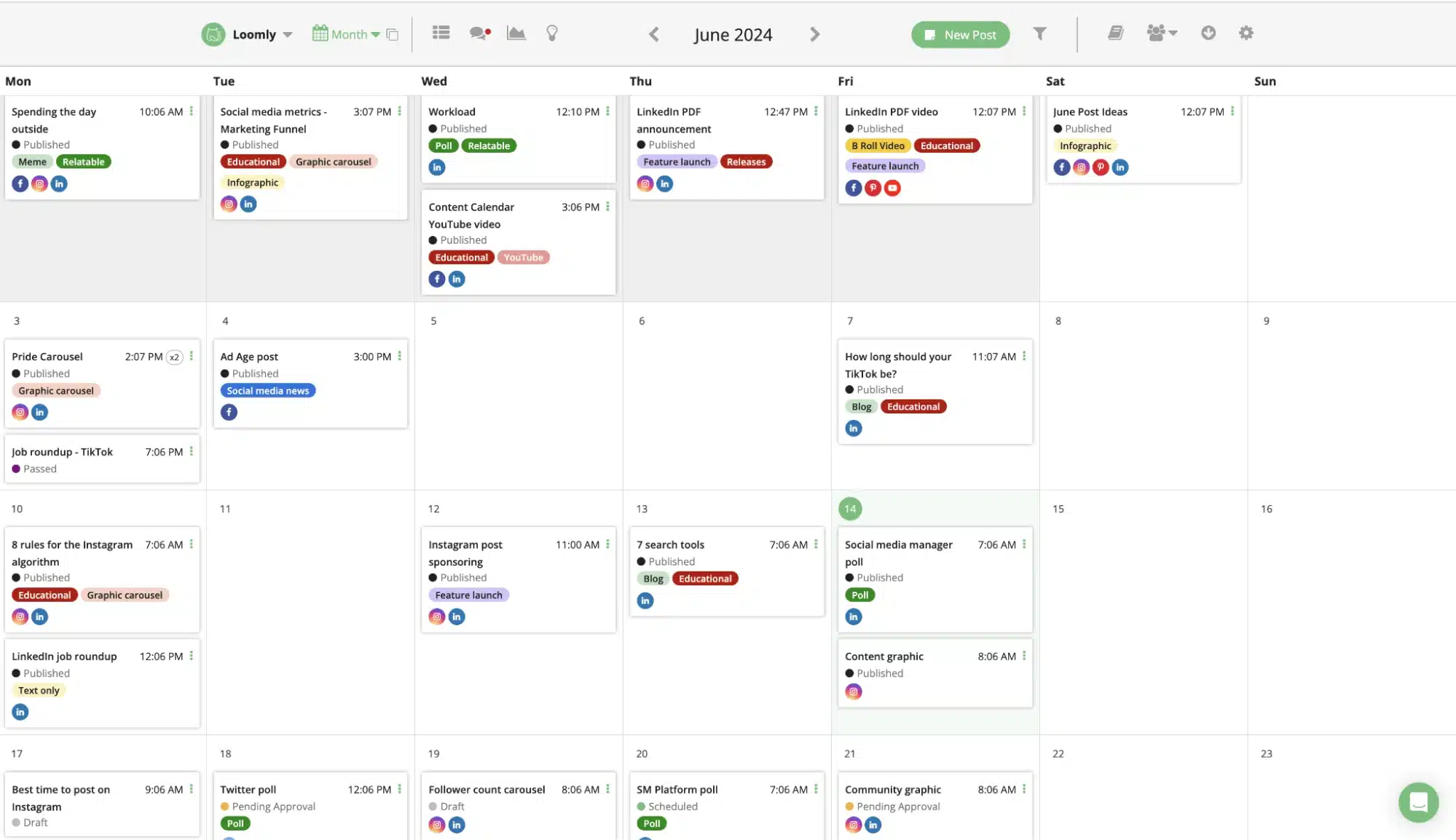 Loomly marketing calendar displaying scheduled social media posts with tags and channels