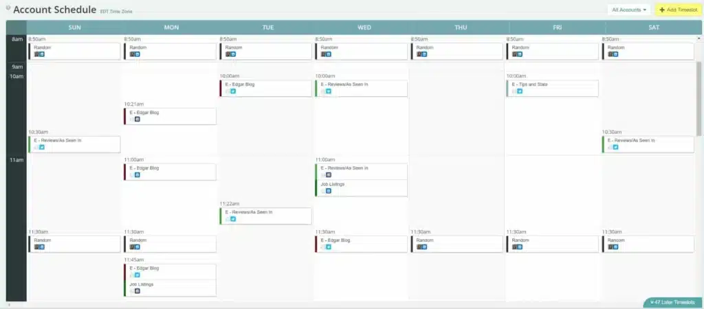 MeetEdgar account schedule with repeating time slots for blog posts and social updates.