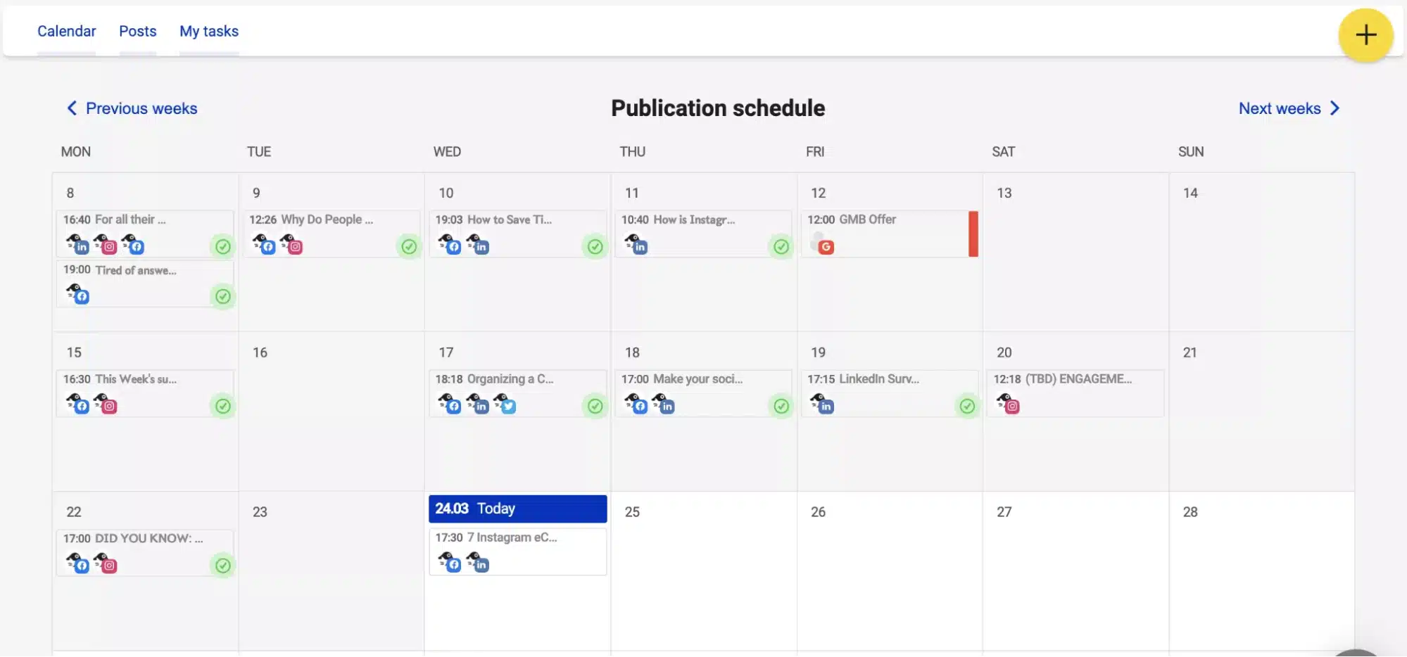 NapoleonCat publication schedule showing LinkedIn, Instagram, and Google My Business posts in a monthly calendar.