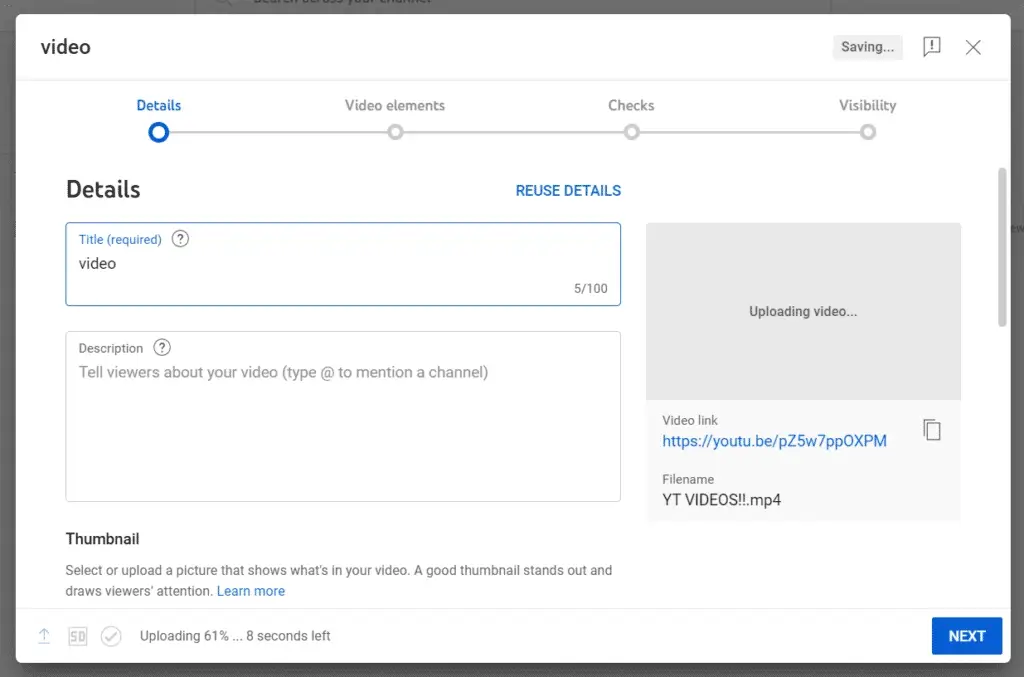 YouTube Studio video upload screen showing the "Details" tab, where users can enter a title, description, and upload a thumbnail while the video uploads.