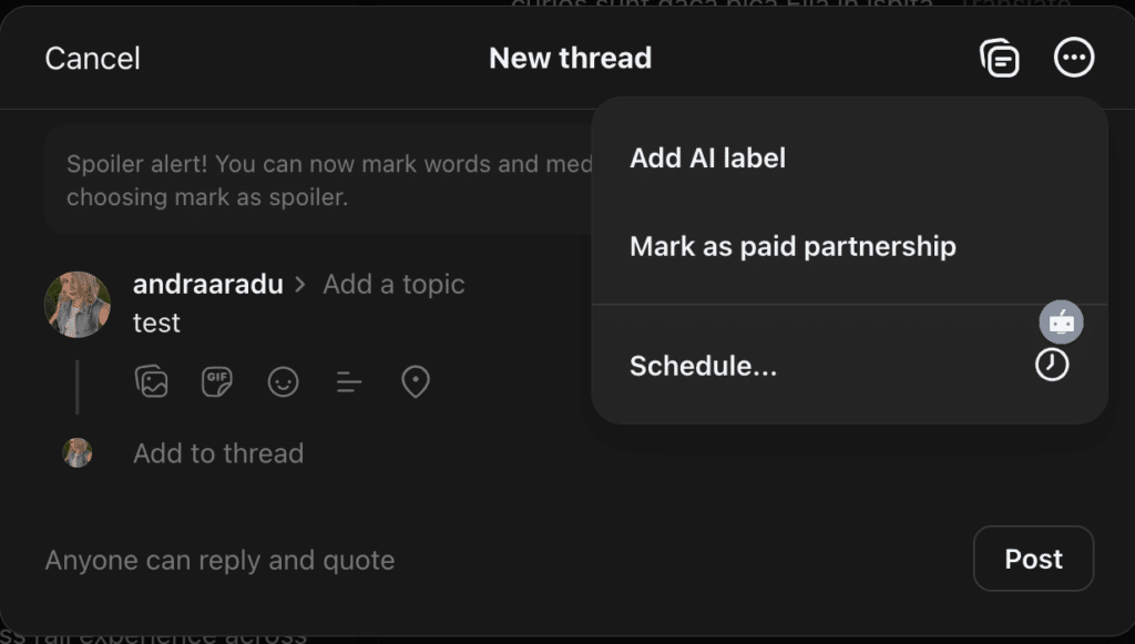 Threads app new post screen showing the three-dot menu with options: Add AI label, Mark as paid partnership, and Schedule, highlighting the native scheduling feature