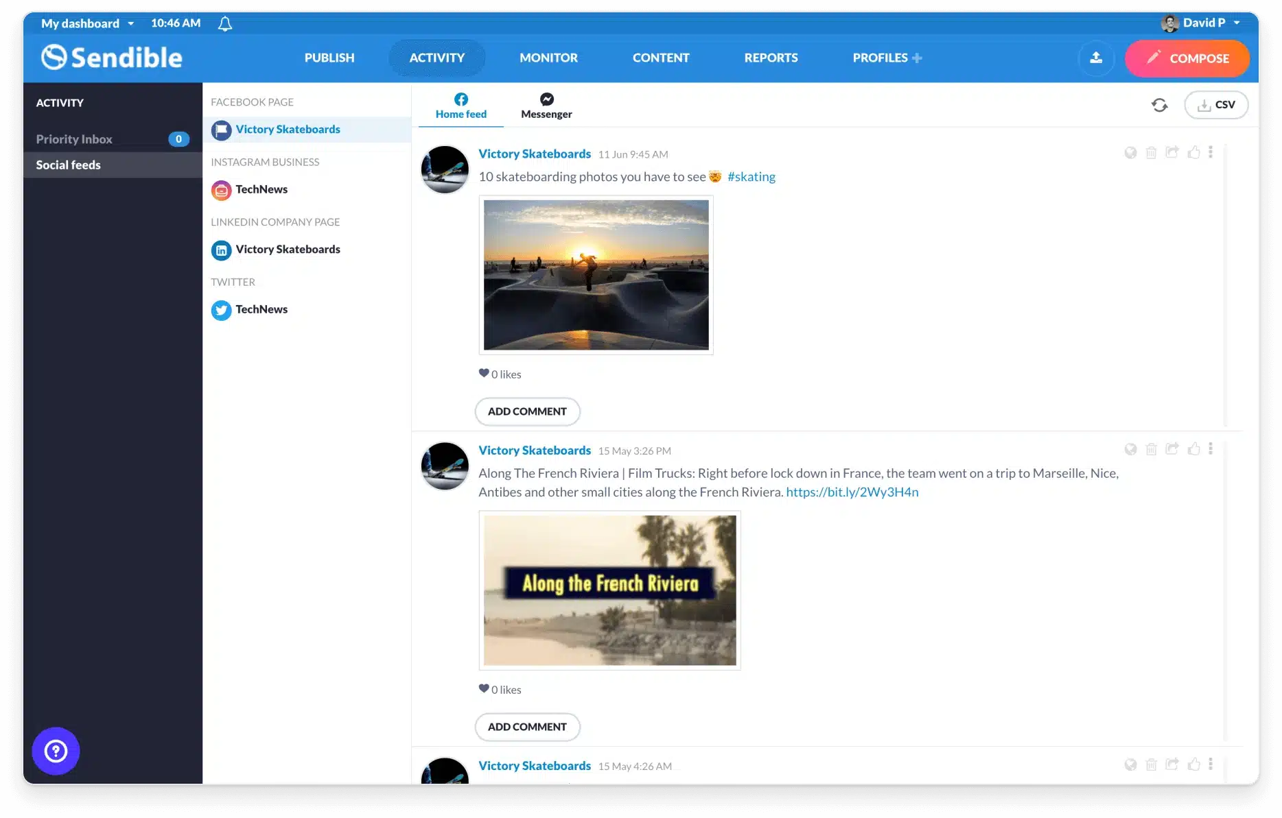 Sendible dashboard activity feed with published posts from Facebook, Instagram, LinkedIn, and Twitter