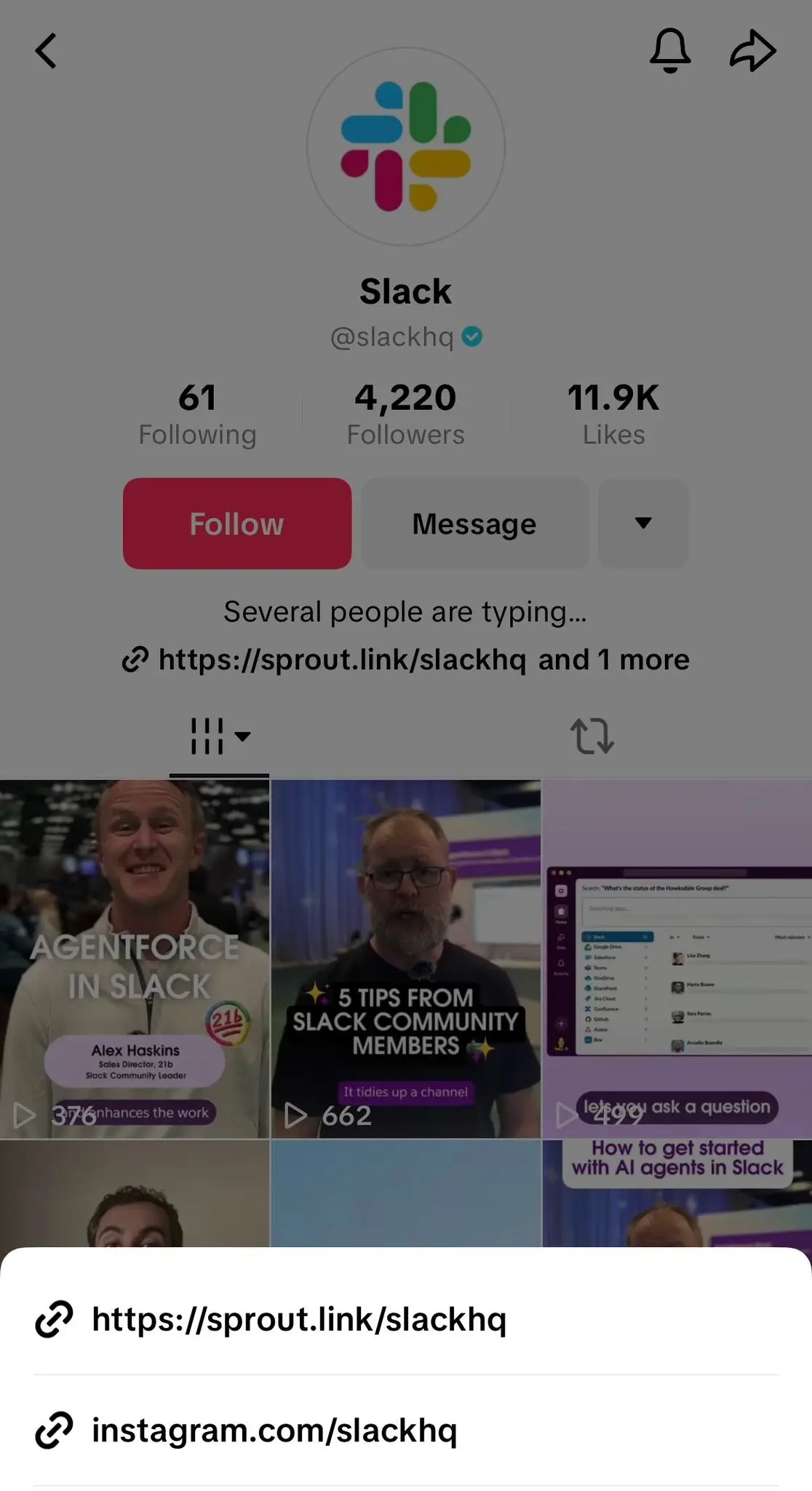 TikTok profile of Slack (@slackhq), showing a follower count of 4,220 and a bio linking to a Sprout link and their Instagram page, with video previews featuring tips and community insights.