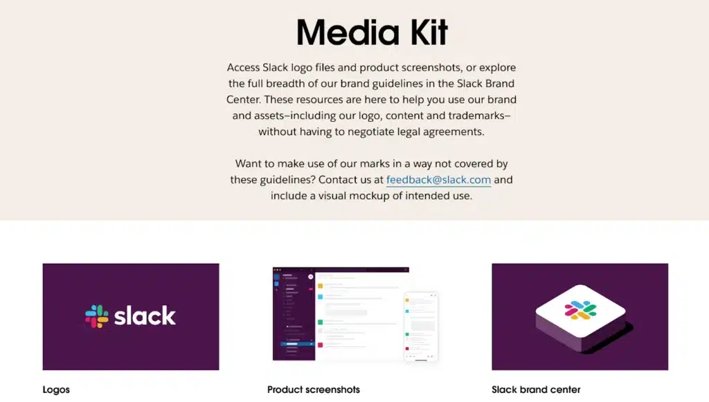Slack's Media Kit page displaying brand assets such as logos, product screenshots, and brand center links, with a beige background and text explaining media use permissions
