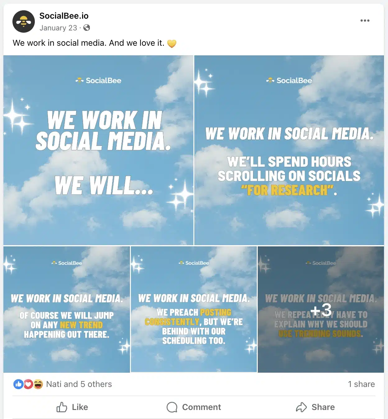 SocialBee Facebook carousel with sky background and text joking about social media work habits like trend-hopping and scrolling “for research.”