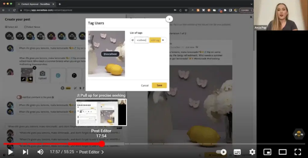 YouTube video tutorial showing the SocialBee post editor with a tagging popup open, highlighting the chapter titled “Post Editor” at the 17:54 timestamp.