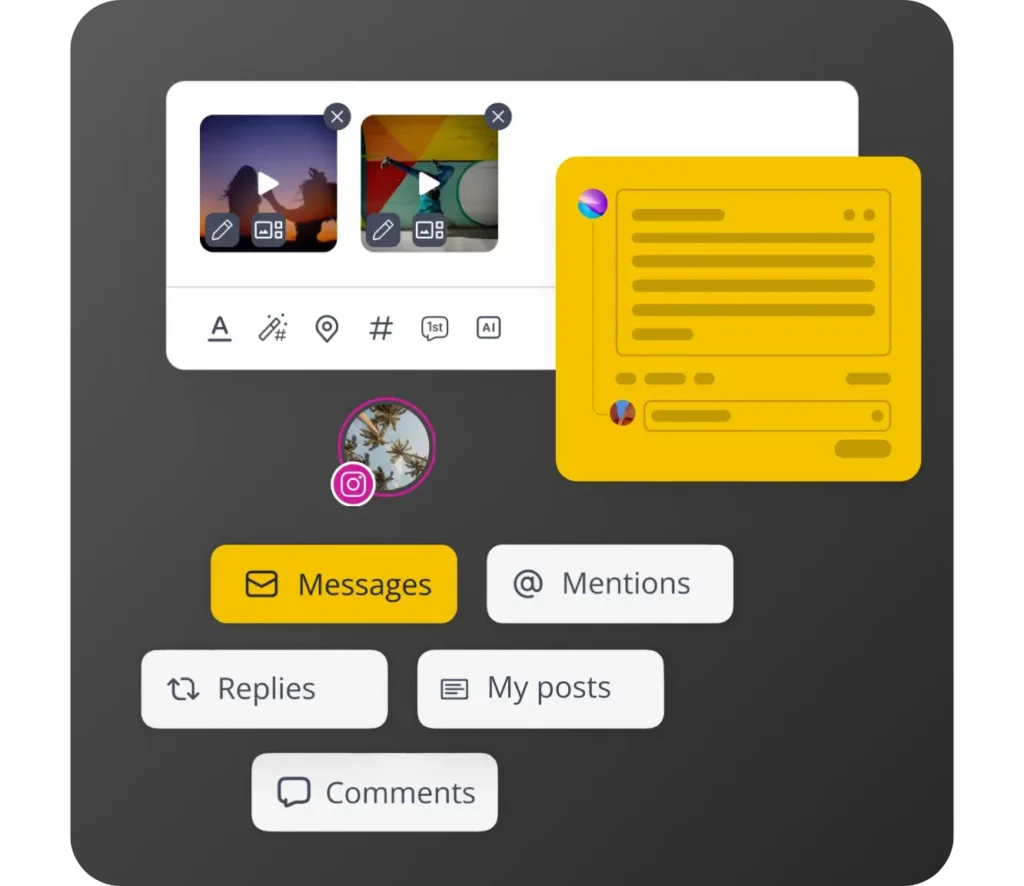 SocialBee’s Instagram scheduling tool showing media uploads, engagement options, and features to manage messages, mentions, replies, comments, and first comment scheduling.