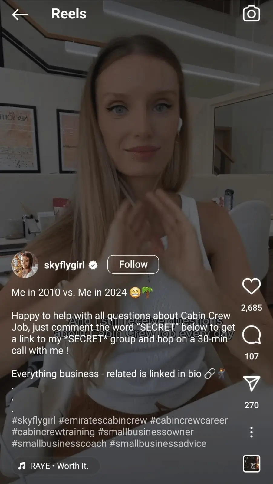 Instagram Reel from @skyflygirl comparing her life as a cabin crew member in 2010 vs. 2024, offering help via comments to join a private coaching group.