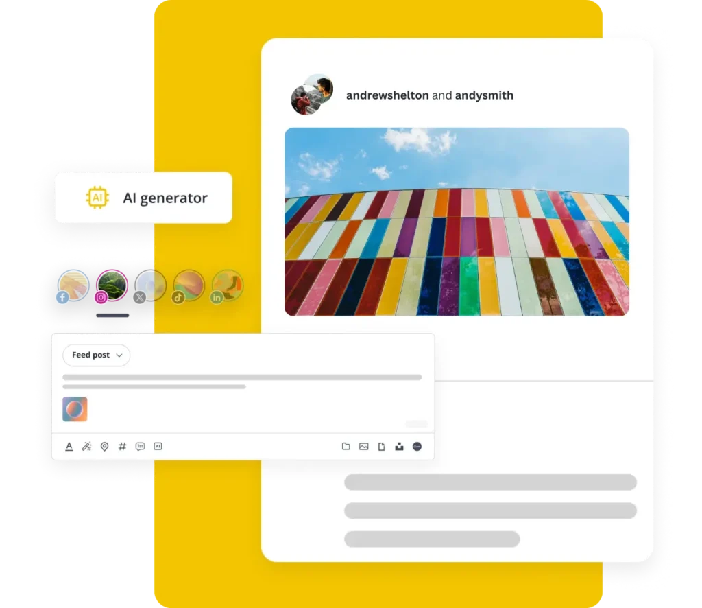 SocialBee’s Instagram collaborative post creator showing a sample feed post with a colorful wall photo, AI generator label, and icons for publishing across multiple platforms like Facebook, Instagram, X, TikTok, Pinterest, and LinkedIn.