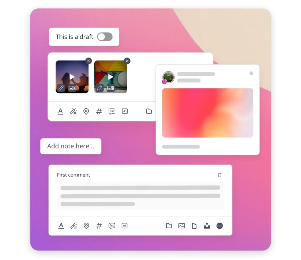 Illustration of an Instagram collaborative post scheduler showing draft status, media uploads, notes, and first comment options.