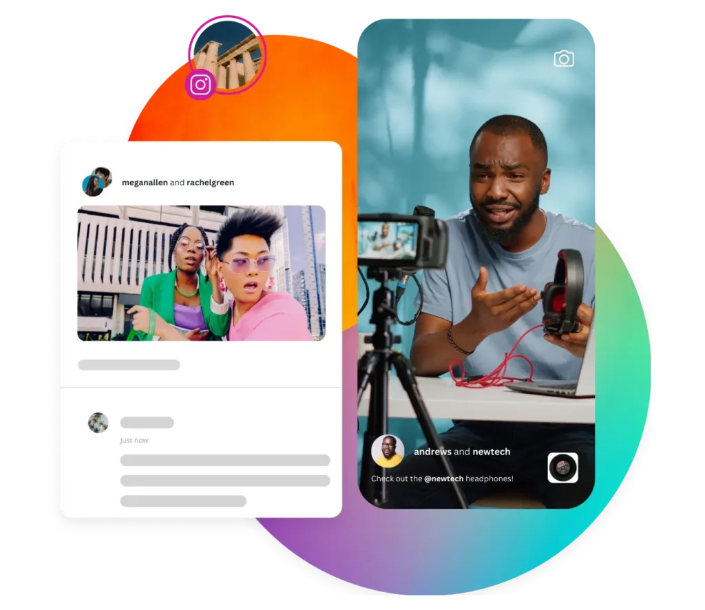 Instagram collaborative posts, with one example showing two women posing together outdoors and another showing a man recording a video while promoting headphones.