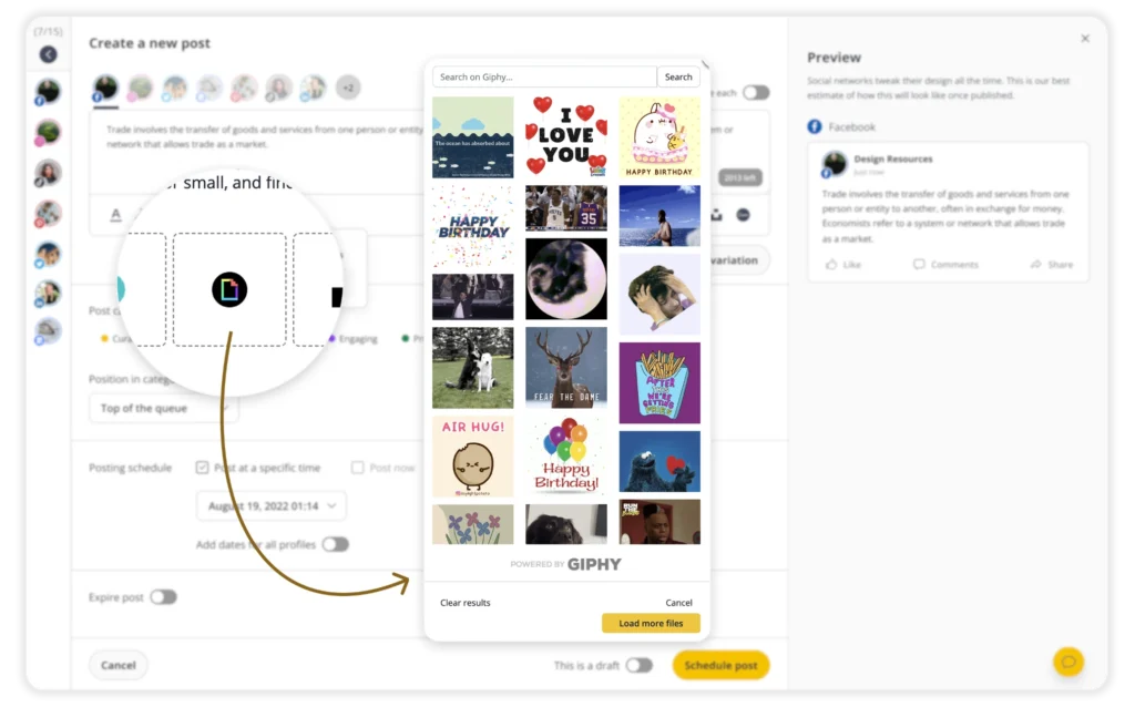 SocialBee’s post editor showing GIPHY integration, with a panel displaying a selection of GIFs such as birthday greetings, reaction images, and animated stickers that can be added to social media posts.