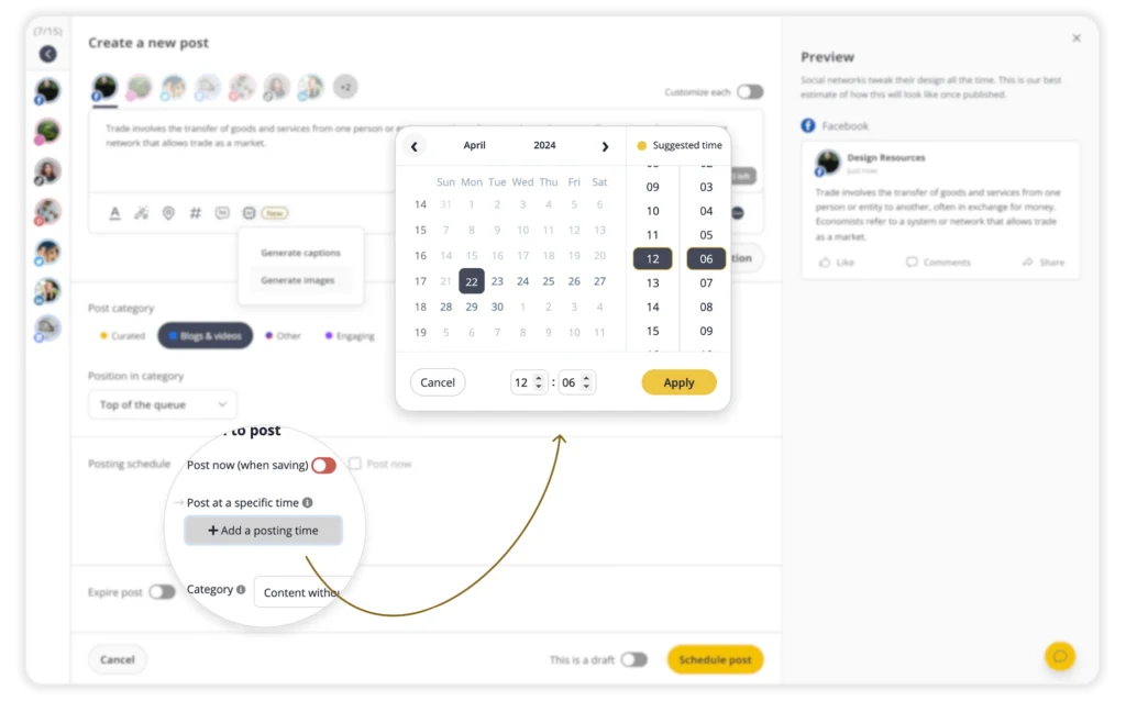 SocialBee’s post editor showing the scheduling calendar with suggested posting times and an option to add a custom posting time, helping users choose the best time to publish their content.