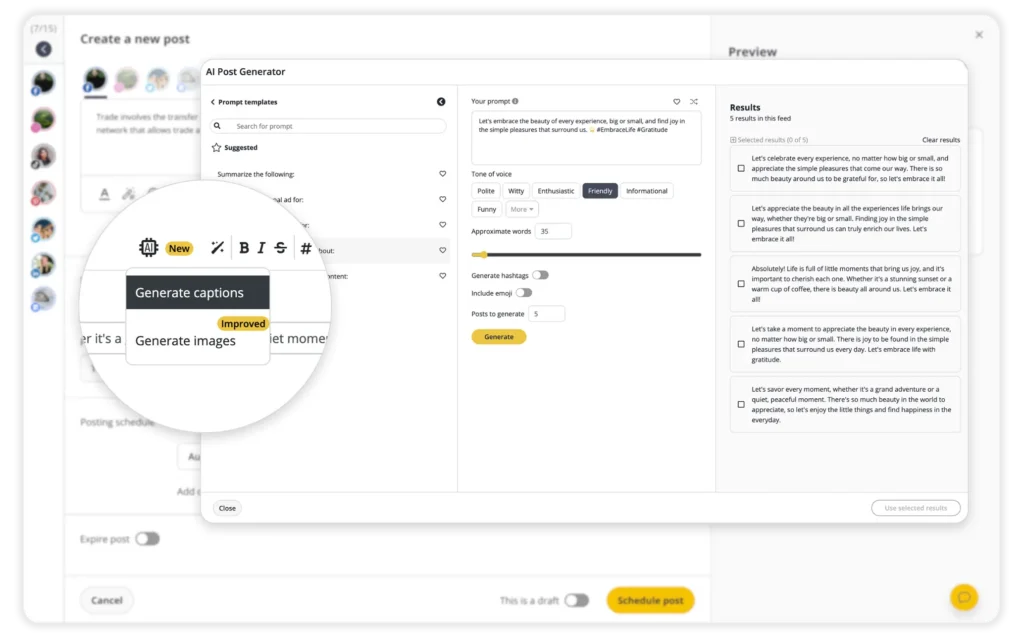 SocialBee’s AI Post Generator showing the option to generate captions, with fields to set tone of voice, word count, hashtags, and emojis, and a results panel displaying multiple AI-generated caption suggestions.