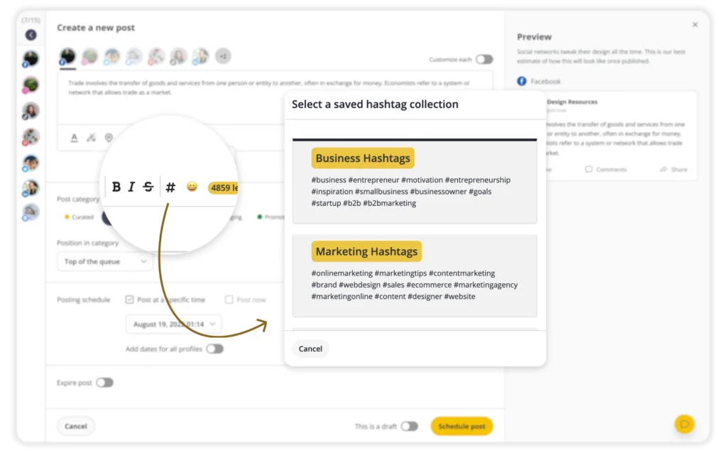 SocialBee’s post editor showing the option to insert saved hashtag collections, with examples of ‘Business Hashtags’ and ‘Marketing Hashtags’ groups that can be quickly added to a post.