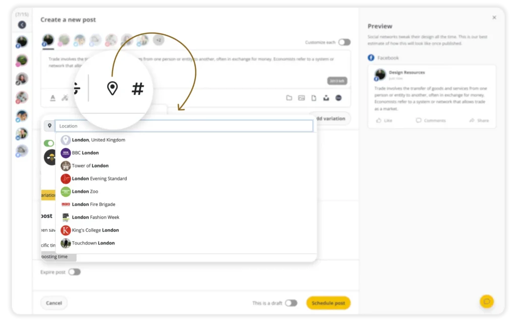 SocialBee’s post editor showing the location tagging feature with a dropdown list of suggested locations, including London, BBC London, and London Zoo, highlighted with an arrow pointing to the location icon.
