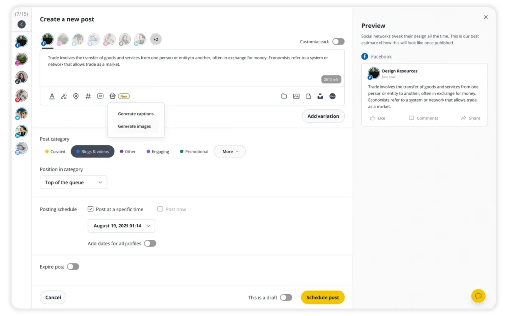 SocialBee’s new post editor interface showing options to create and format a social media post, add media, customize scheduling, and preview the post before publishing.