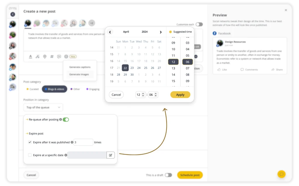 SocialBee’s post editor showing scheduling options with a calendar and time picker, along with settings to re-queue posts after publishing or set posts to expire after a specific number of shares or a chosen date.