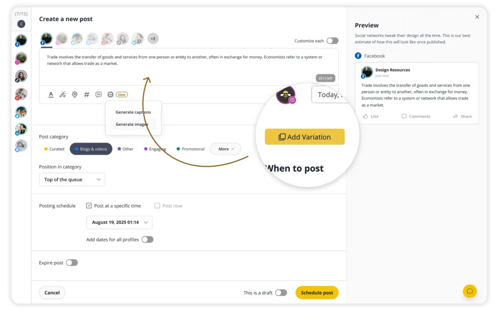 SocialBee’s post editor highlighting the ‘Add Variation’ button, showing how users can create multiple post variations.