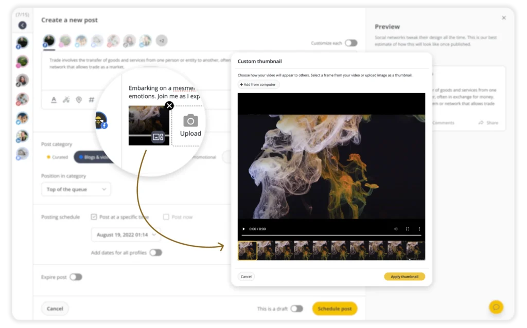 SocialBee’s post editor showing the option to upload or select a custom video thumbnail.
