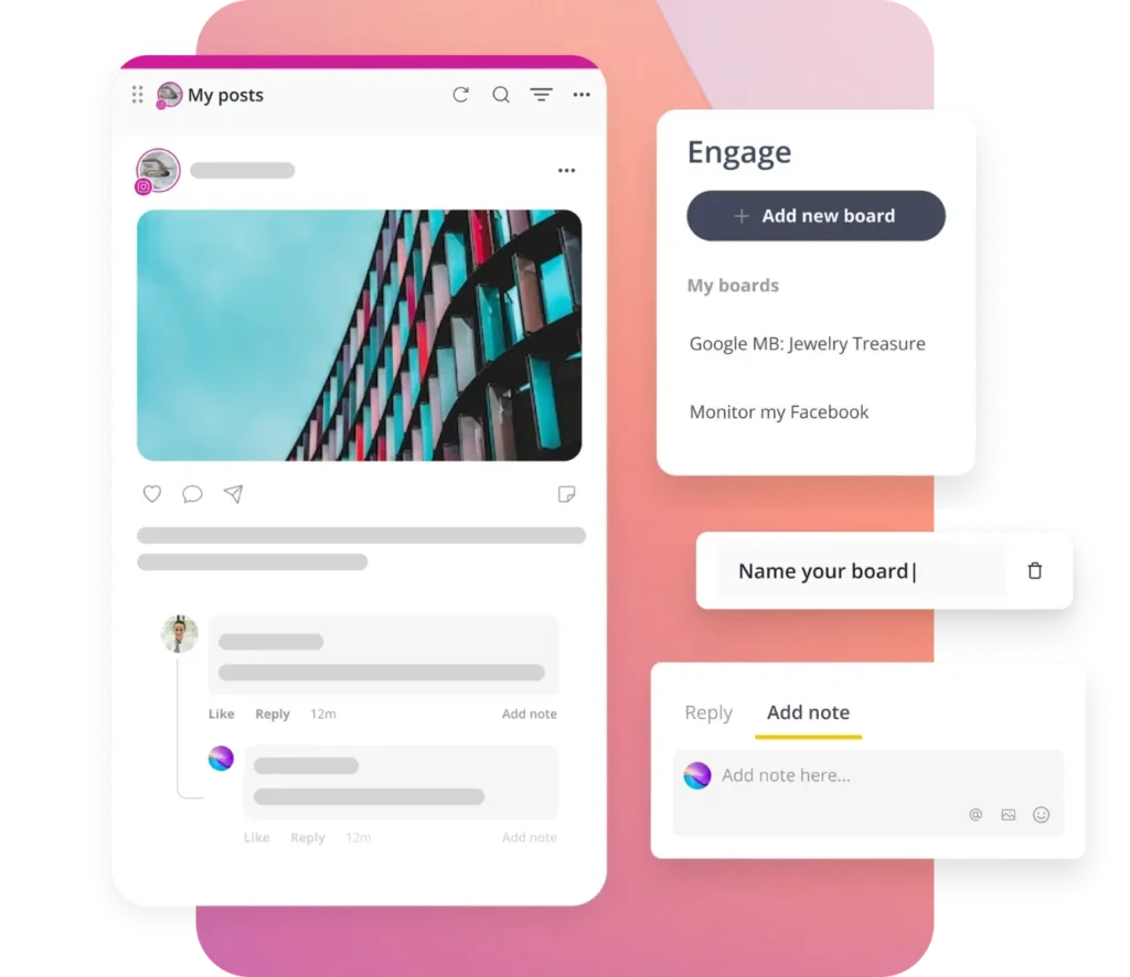 SocialBee’s Instagram engagement dashboard showing a post with comments, reply and note options, and a panel for managing engagement boards.