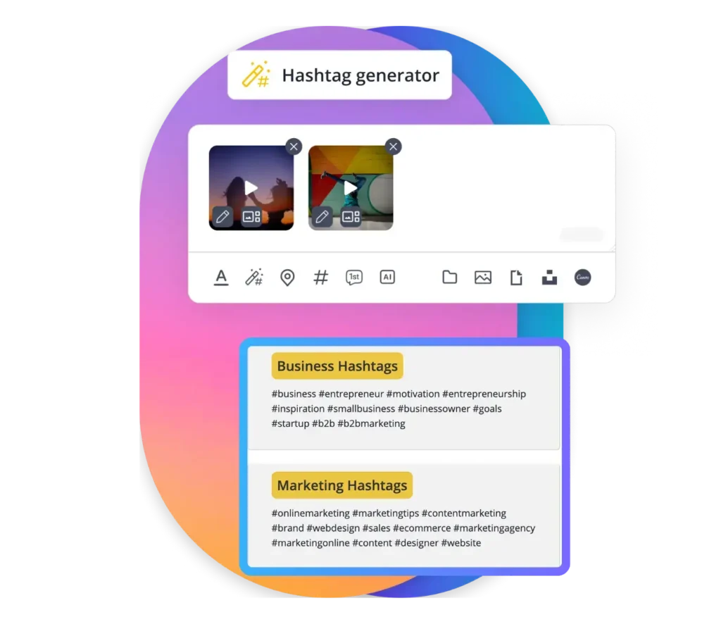 SocialBee’s Instagram hashtag generator showing media uploads with suggested hashtag groups, including Business Hashtags and Marketing Hashtags collections.
