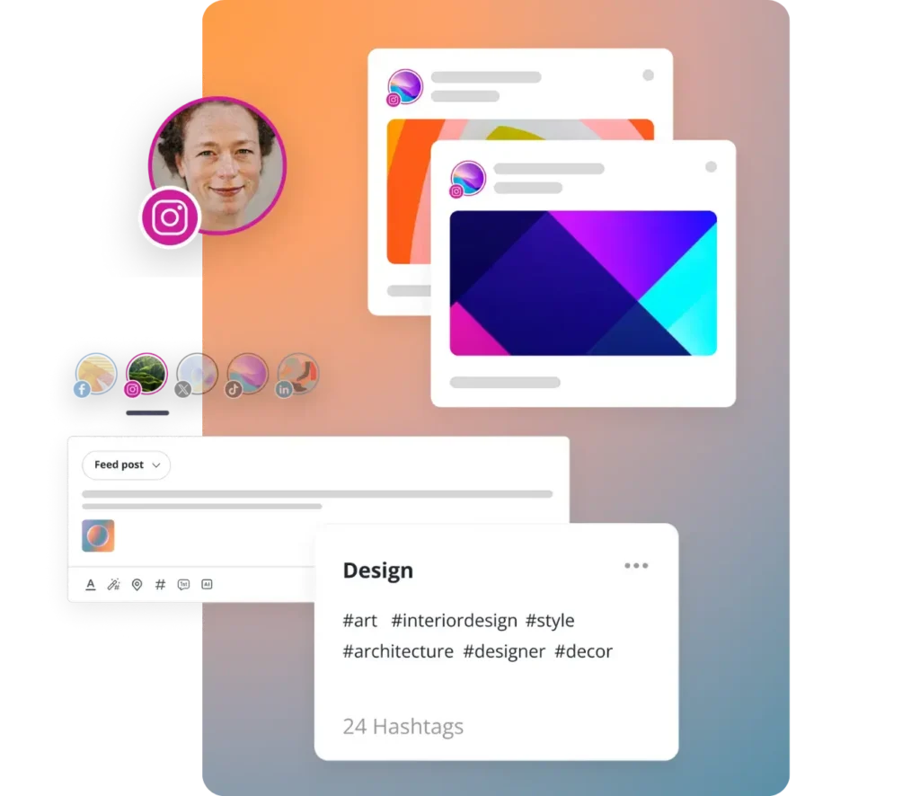 SocialBee’s Instagram scheduling tool with a sample feed post and a hashtag collection titled ‘Design,’ showing groups of related hashtags for easy insertion.