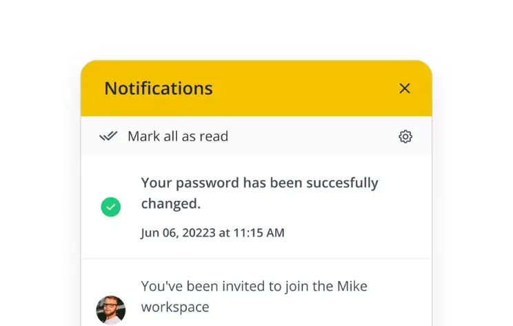 SocialBee’s notifications panel showing a password change confirmation and an invitation to join a workspace.