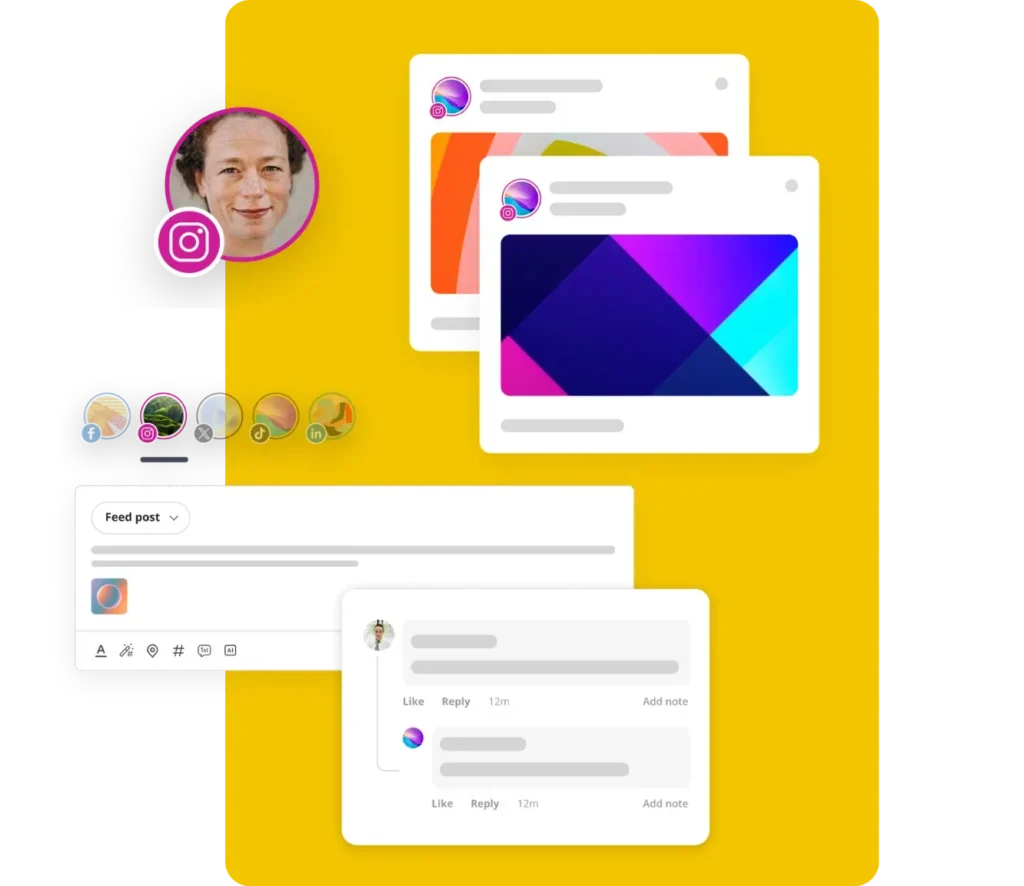 SocialBee’s Instagram scheduling tool showing feed posts, comments, and the option to schedule the first comment.