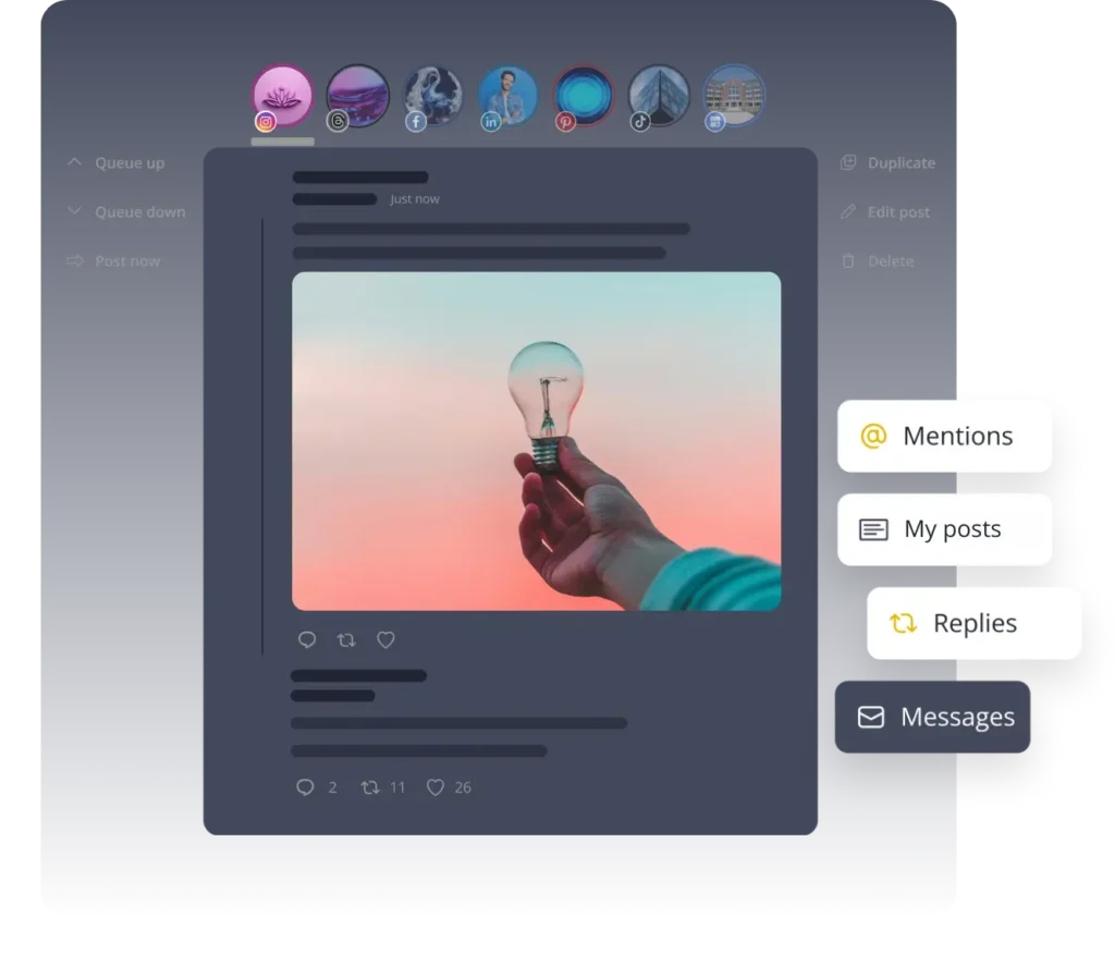 SocialBee’s inbox interface showing an Instagram post with engagement options and a sidebar to manage mentions, posts, replies, and messages.