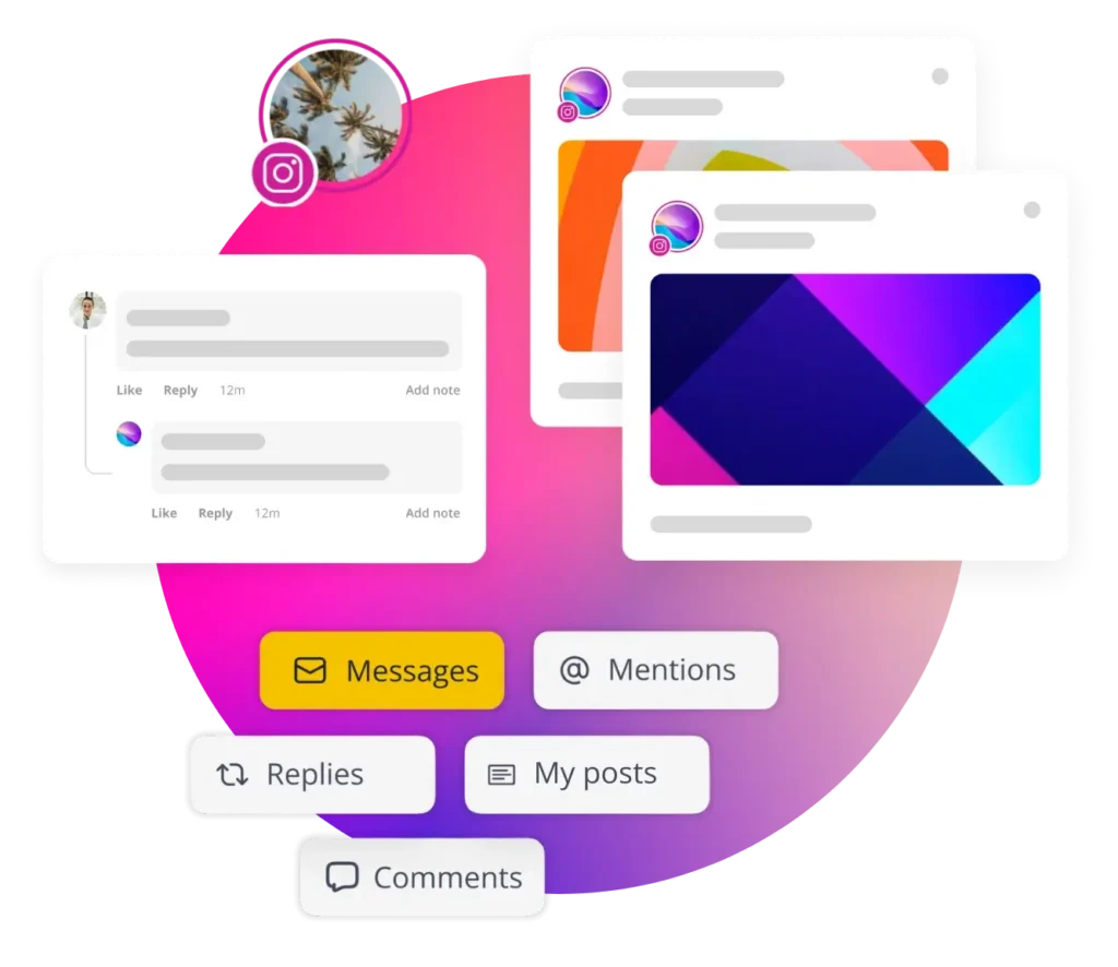 SocialBee’s Instagram inbox showing post previews, comments, and options to manage messages, mentions, replies, and engagement in one place.