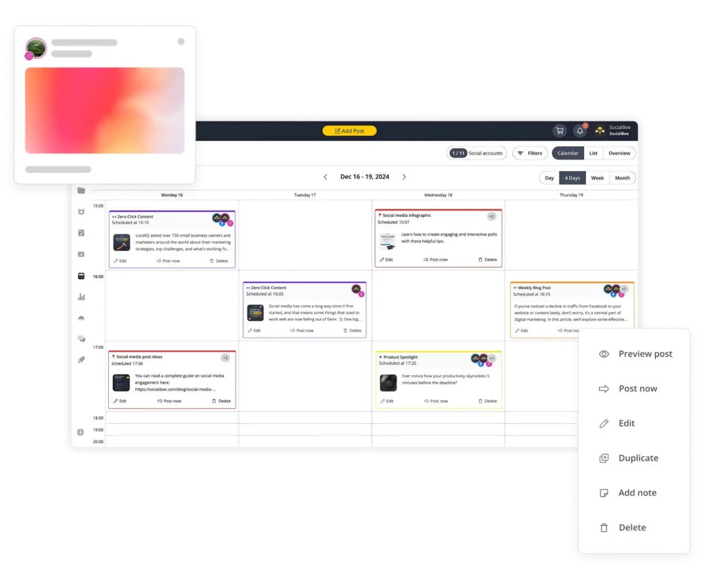 SocialBee’s calendar view showing a weekly schedule of social media posts with options to preview, post now, edit, duplicate, add notes, or delete.