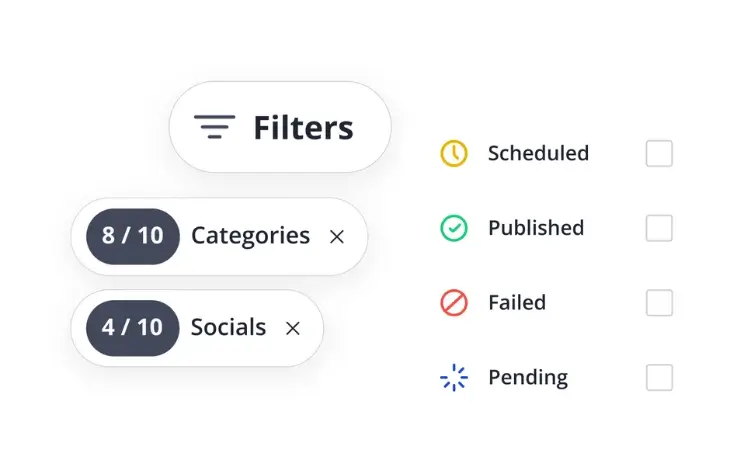 SocialBee’s scheduler filters showing options to filter posts by categories, socials, and status such as scheduled, published, failed, or pending.