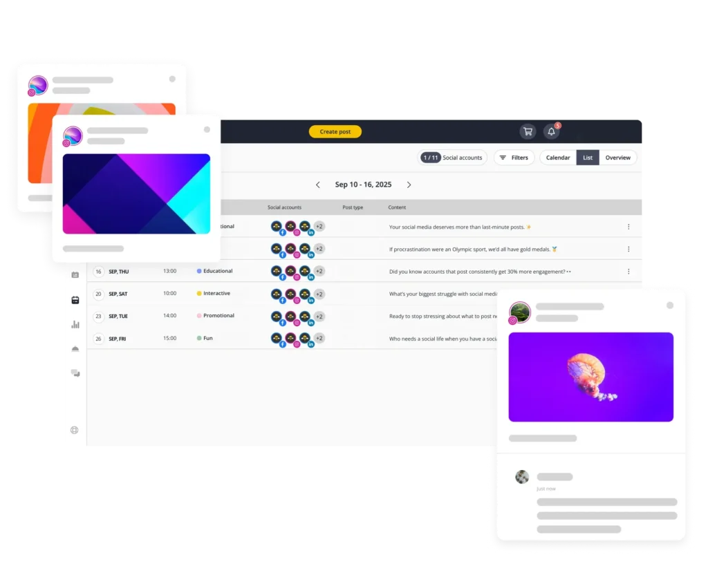 SocialBee’s scheduler list view showing upcoming social media posts organized by date, time, account, post type, and content, alongside previews of scheduled posts.